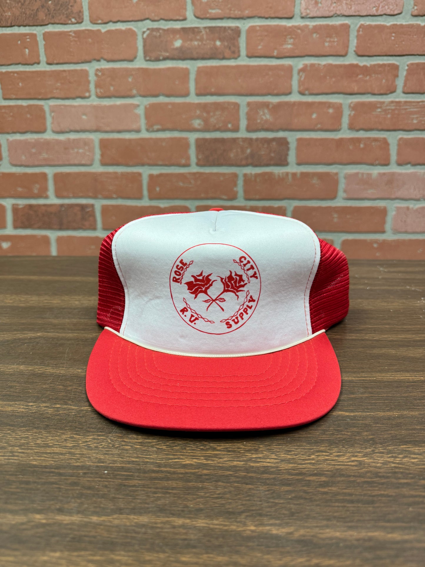 VTG Rose City red and white trucker